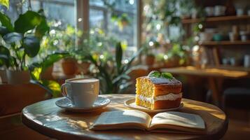 Cozy cafe setting with fresh flowers, coffee, and dessert near a sunny window in the afternoon photo