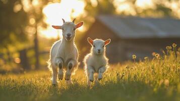 Playful goat kid jumps happily in a barn with a calm adult goat nearby during sunny afternoon photo