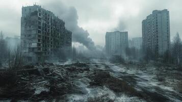 Desolate urban landscape with smog and ruined buildings in an abandoned area during cloudy weather photo