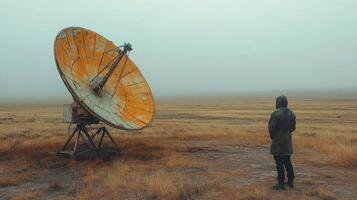 Abandoned satellite dish in a desolate landscape under a cloudy sky photo