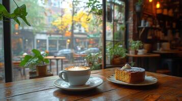 Cozy cafe setting with coffee and cake on a rainy day in vibrant city photo