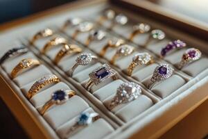 Collection of elegant rings displayed in a velvet-lined jewelry box showcasing various gemstones and designs photo