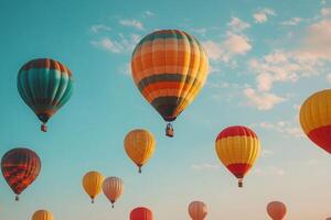 Colorful floating spheres creating dynamic patterns against a bright blue sky photo