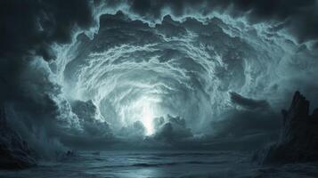 Destruction and chaos engulf a devastated town under dark storm clouds photo
