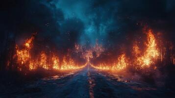 Dramatic sunset over a desolate road with dark smoke billowing into the sky photo