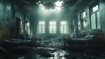 Abandoned hospital room filled with decay and neglect, showcasing empty beds and broken furniture photo