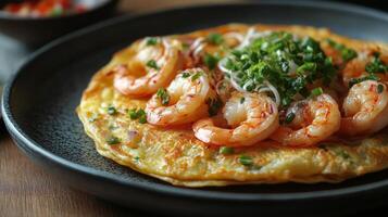 Shrimp omelet served on a plate with fresh vegetables in a vibrant dining setting photo