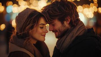 Romantic couple sharing a tender moment in a festive setting during a winter evening photo