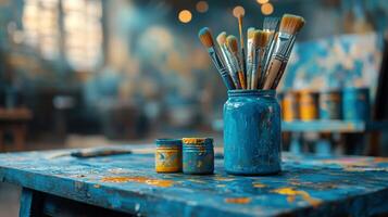 Vibrant paintbrushes in blue jars on a rustic art studio table filled with color photo