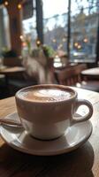 Enjoying a hot coffee in a cozy cafe with natural light during the afternoon photo