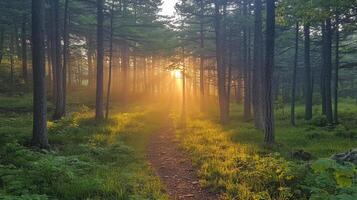 Dappled sunlight streaming through a serene forest at dawn illuminating wildflowers and trees photo