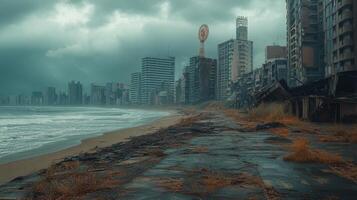 Abandoned buildings along the shoreline with waves and cloudy sky at dusk photo