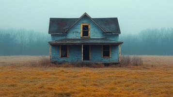 Abandoned house surrounded by wildflowers under a clear blue sky in a rural landscape photo