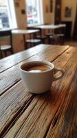 Enjoying a fresh cup of coffee in a cozy cafe with a rustic ambiance and wooden decor photo