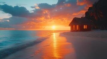 Sunset illuminates beachside hut near calm waves in a serene coastal setting photo