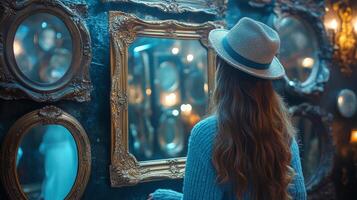 Woman gazes into ornate mirrors in an atmospheric setting with warm lighting photo