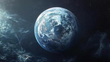 Planetary emergence amidst swirling clouds in a cosmic landscape photo