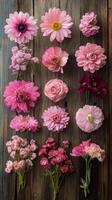 Bright pink flowers arranged artistically on a wooden background for decoration or design purposes photo
