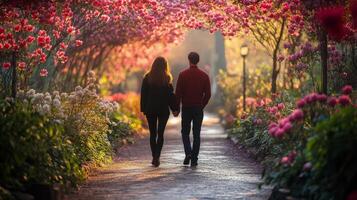 Couple walking hand in hand through vibrant tulip garden on a sunny spring day photo