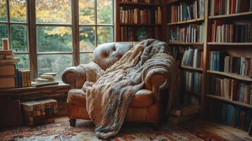 Cozy armchair with a warm blanket in a library during autumn afternoon photo