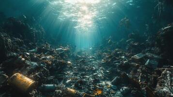 Underwater environment filled with debris and waste near the ocean floor revealing pollution impact photo