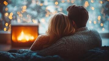 Cozy couple sitting together by the fireplace enjoying a winter evening photo