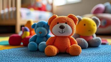 Playful teddy bear surrounded by colorful building blocks in a bright kids room photo