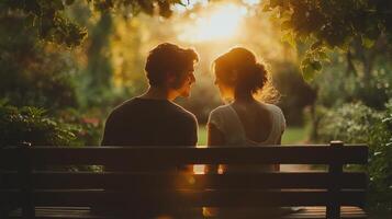 Couple enjoys sunset view in park surrounded by autumn foliage in evening light photo