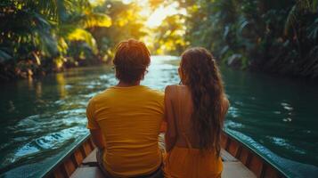 Serene boat ride through lush green canal at sunset with tranquil reflection on water photo