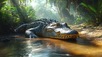 Male crocodile resting in a serene river among lush foliage in the jungle during early morning photo