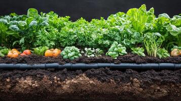 Growing crops above underground irrigation system in a farm landscape under a sunny sky photo