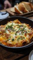Homemade lasagna served on a dark plate with melted cheese and herbs atop, enjoyed during lunch photo
