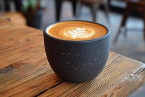 Warm latte served in a textured cup on a rustic wooden table in a cozy caf atmosphere photo