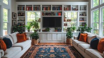 Elegant wooden bookshelf with books and plants in a bright living room photo