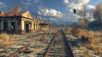 Abandoned railway tracks with autumn foliage in a quiet, rural setting during overcast weather photo