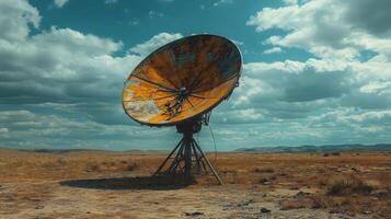 Abandoned satellite dish in a desolate landscape under a cloudy sky photo