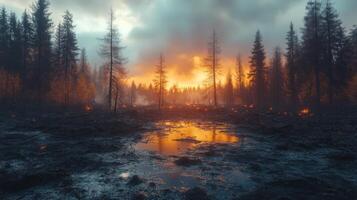 Wildfire devastation in a dense forest during the sunset hour with flames and charred trees photo