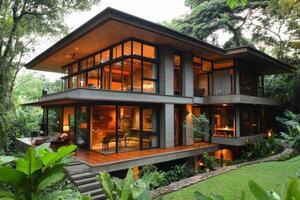 Modern architecture blends with nature in a tropical forested setting photo