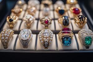 Collection of elegant rings displayed in a velvet-lined jewelry box showcasing various gemstones and designs photo