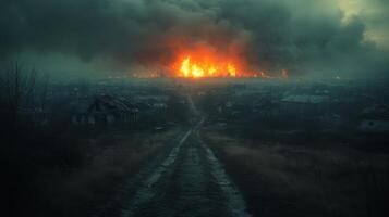 Destruction and chaos engulf a devastated town under dark storm clouds photo