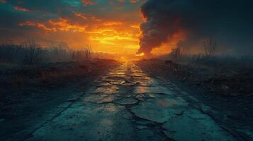 Dramatic sunset over a desolate road with dark smoke billowing into the sky photo