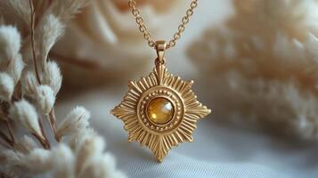 Elegant silver necklace with a sparkling pendant surrounded by white flowers photo