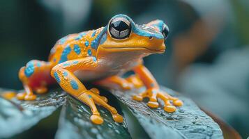 Colorful tropical frog perched on a green leaf in a rainforest habitat photo