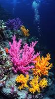 Vibrant coral reefs thriving underwater in a clear blue ocean photo