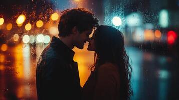 Romantic evening kiss under streetlights in a foggy alley photo
