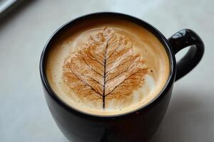 Crafting latte art in a cozy cafe with a warm beverage served in a speckled cup photo