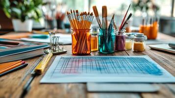 Art supplies arranged on a wooden table in a bright workspace with colorful materials for creative projects photo
