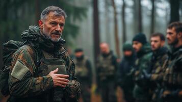 Military trainer instructs troops during field exercises in dense forest environment photo