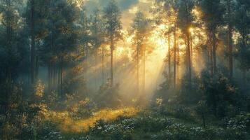 Dappled sunlight streaming through a serene forest at dawn illuminating wildflowers and trees photo