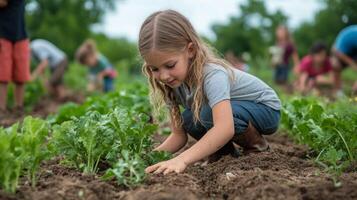 Smiling farmer working in a vegetable garden with children during sunny day in rural area photo